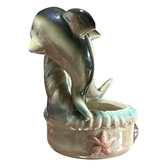 Vintage Iridescent Lustreware Ceramic Blue Dolphins on Trinket Bowl 1960s - Picture 6 of 11